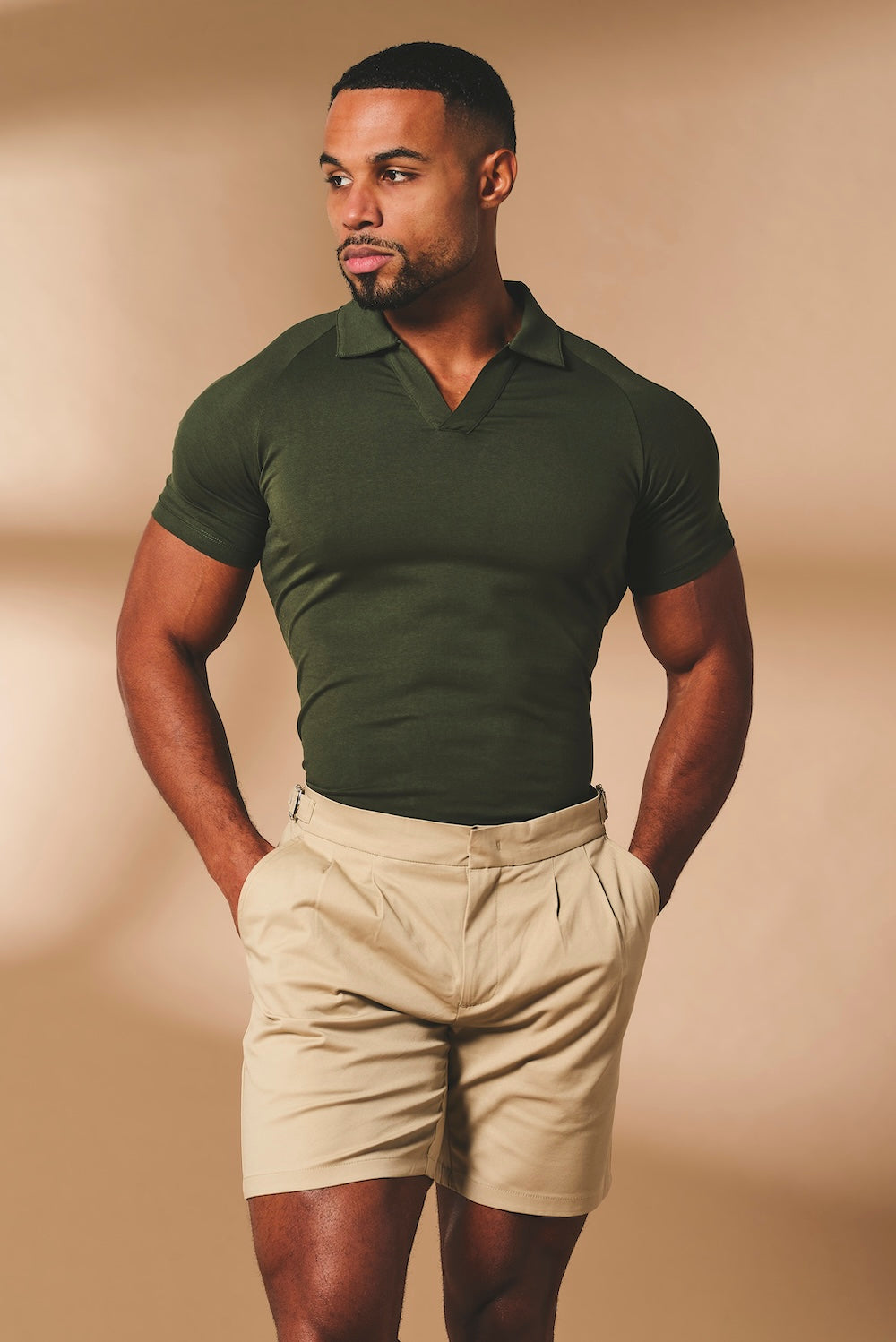 Smart Pleated Cotton Side Adjust Shorts in Stone