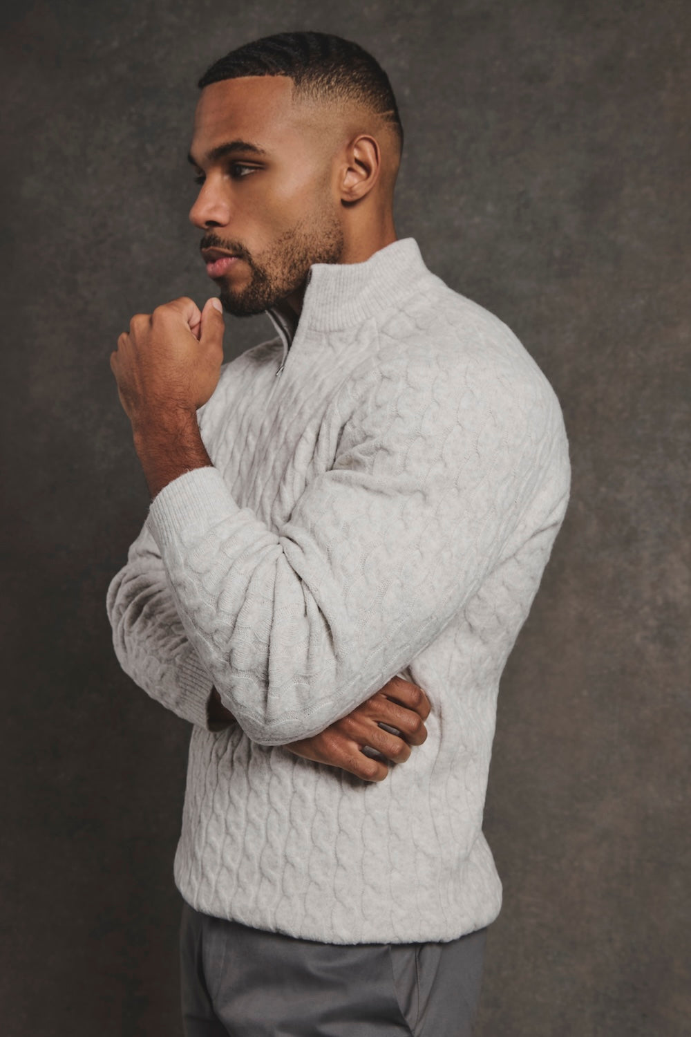 Soft Cable Half Zip Neck Jumper in Grey Marl