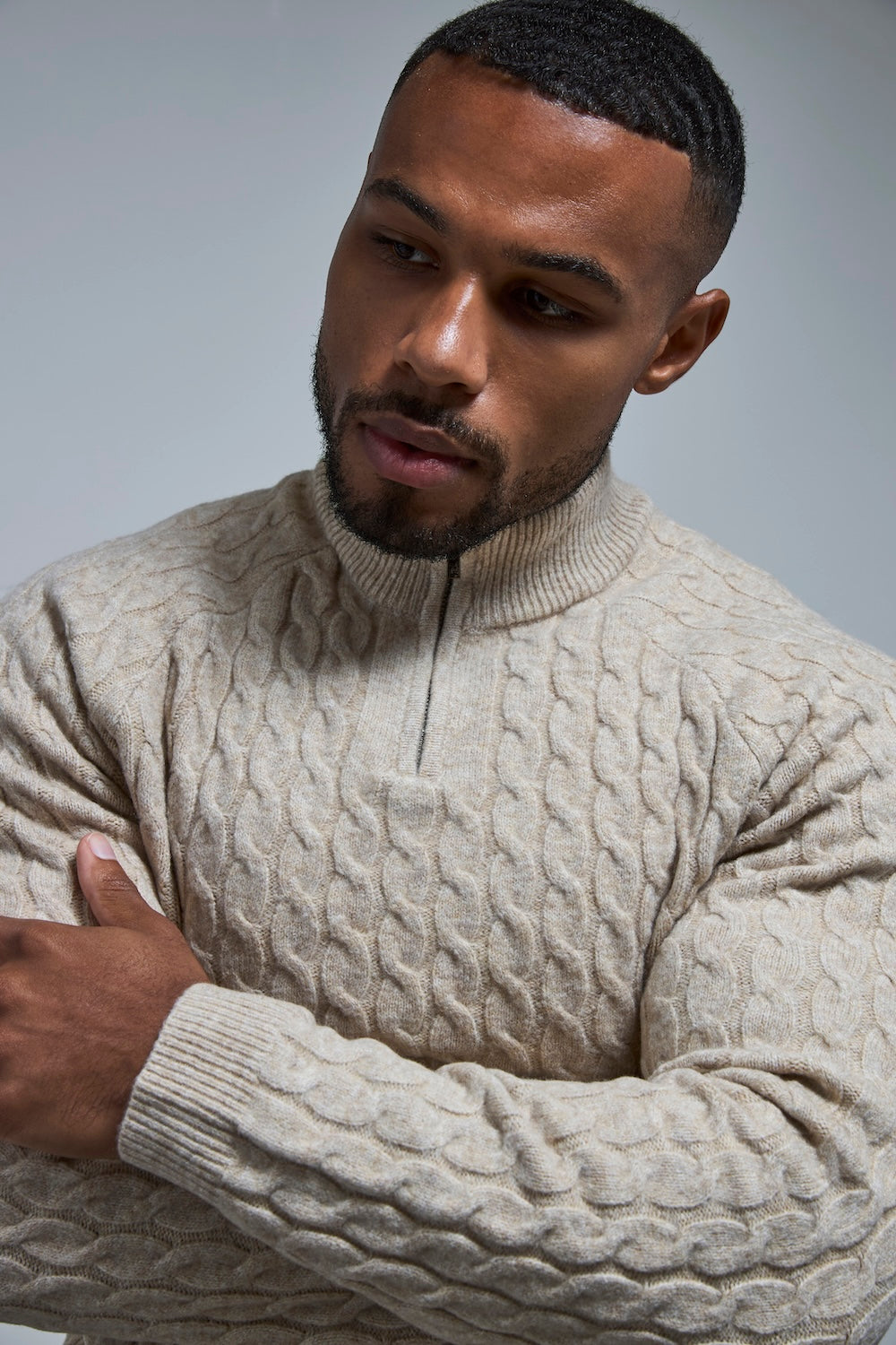 Soft Cable Half Zip Neck Jumper in Neutral Marl