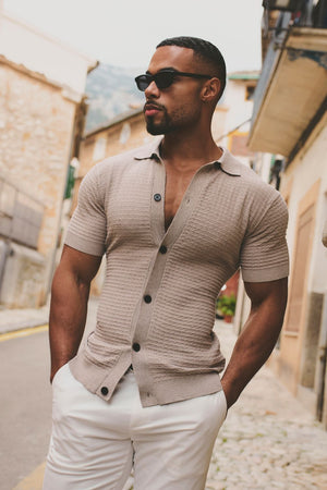 Square Textured Knitted Shirt in Neutral Marl