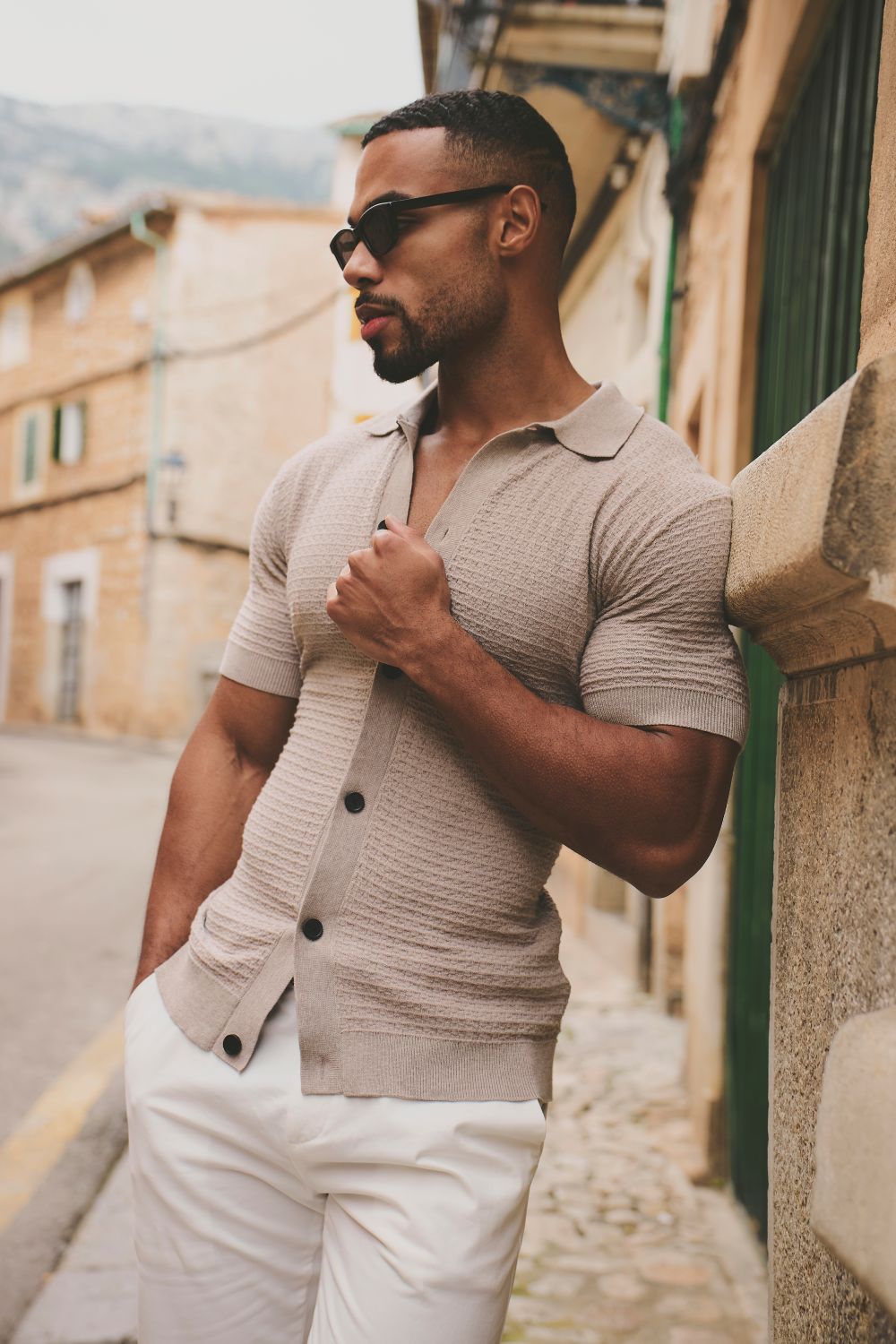Square Textured Knitted Shirt in Neutral Marl