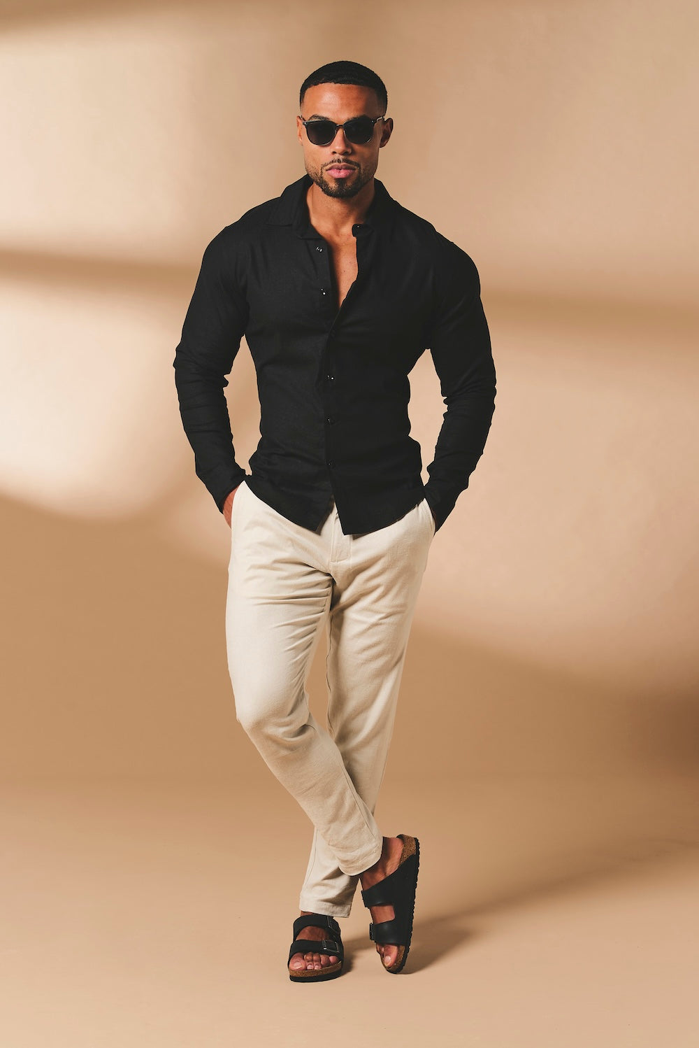 Stretch Linen Blend Button Through Shirt in Black