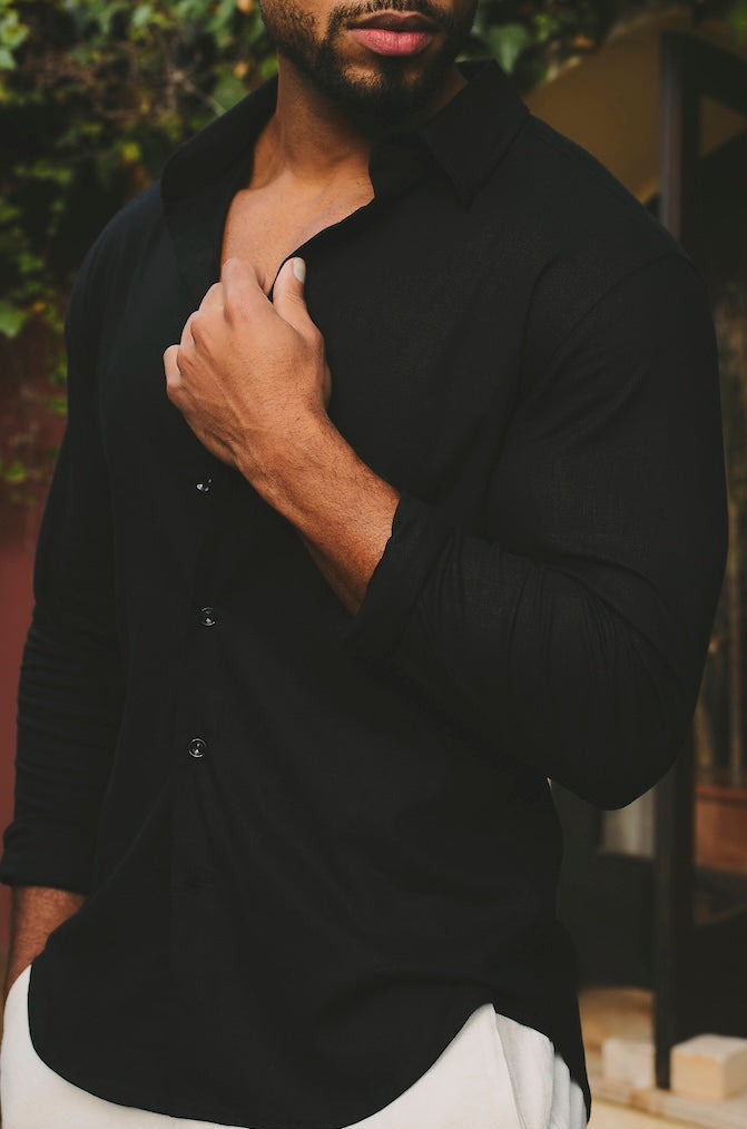Stretch Linen Blend Button Through Shirt in Black