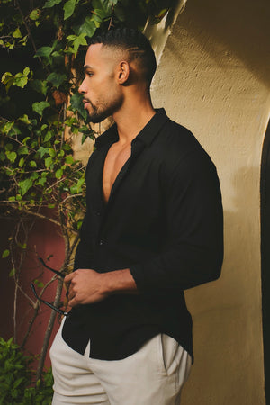 Stretch Linen Blend Button Through Shirt in Black