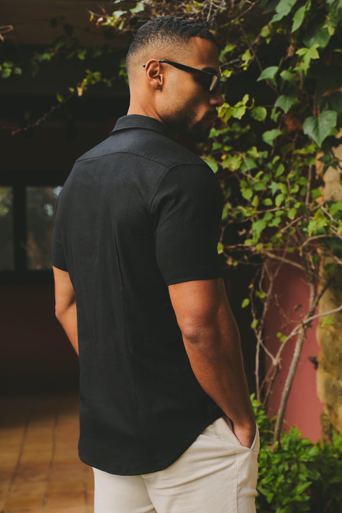 Stretch Linen Blend Button Through Shirt in Black