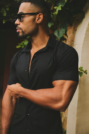 Stretch Linen Blend Button Through Shirt in Black