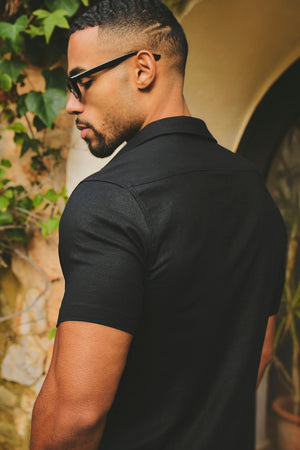 Stretch Linen Blend Button Through Shirt in Black