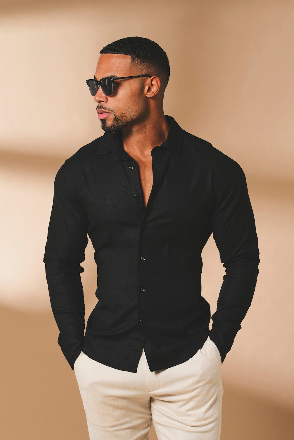 Stretch Linen Blend Button Through Shirt in Black