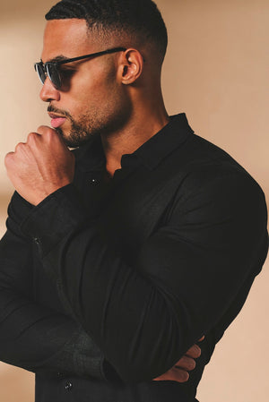 Stretch Linen Blend Button Through Shirt in Black