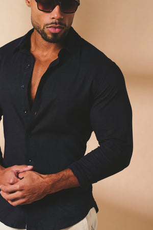 Stretch Linen Blend Button Through Shirt in Navy