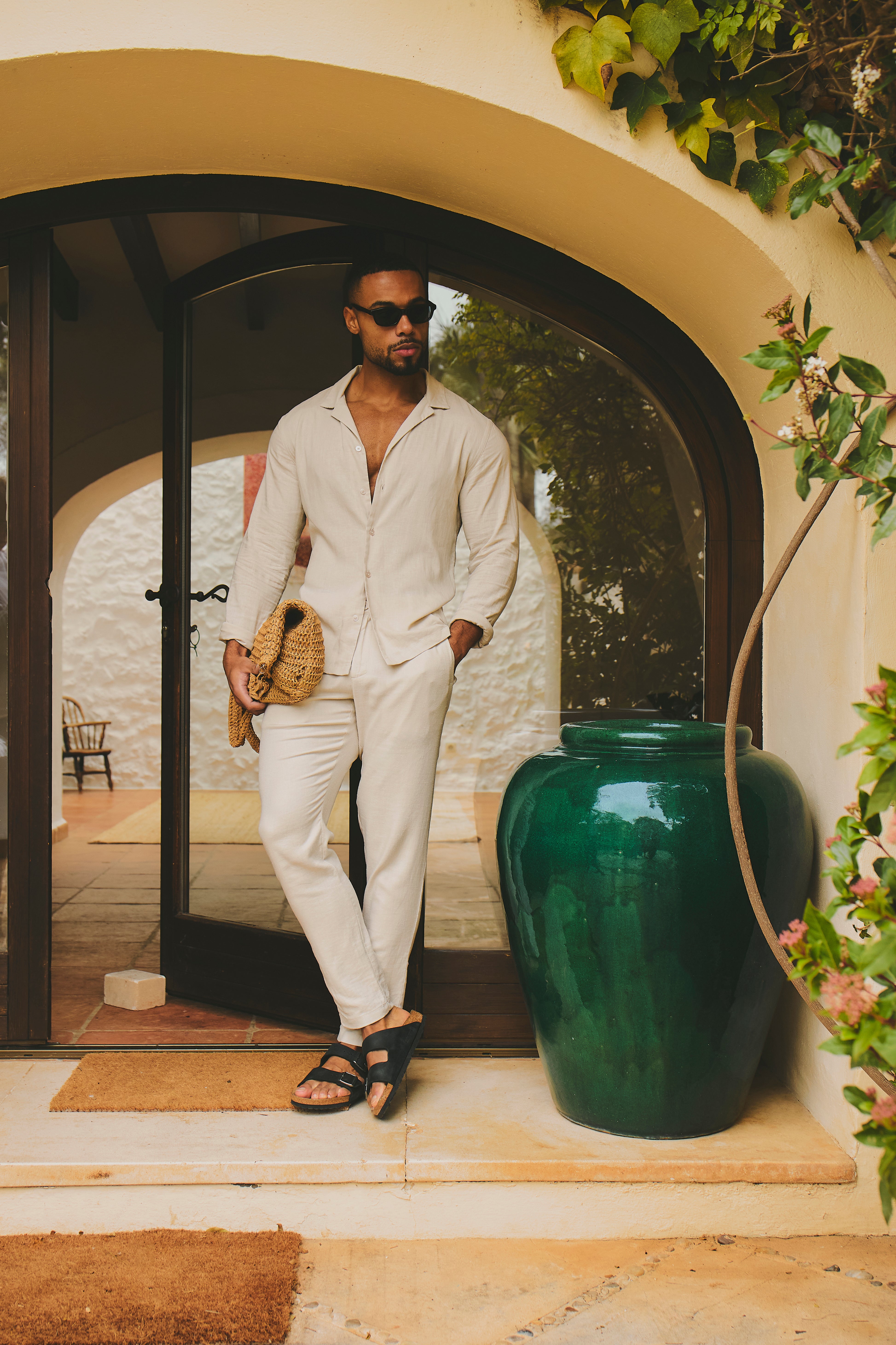 Stretch Linen Blend Cuban Collar Shirt in Stone