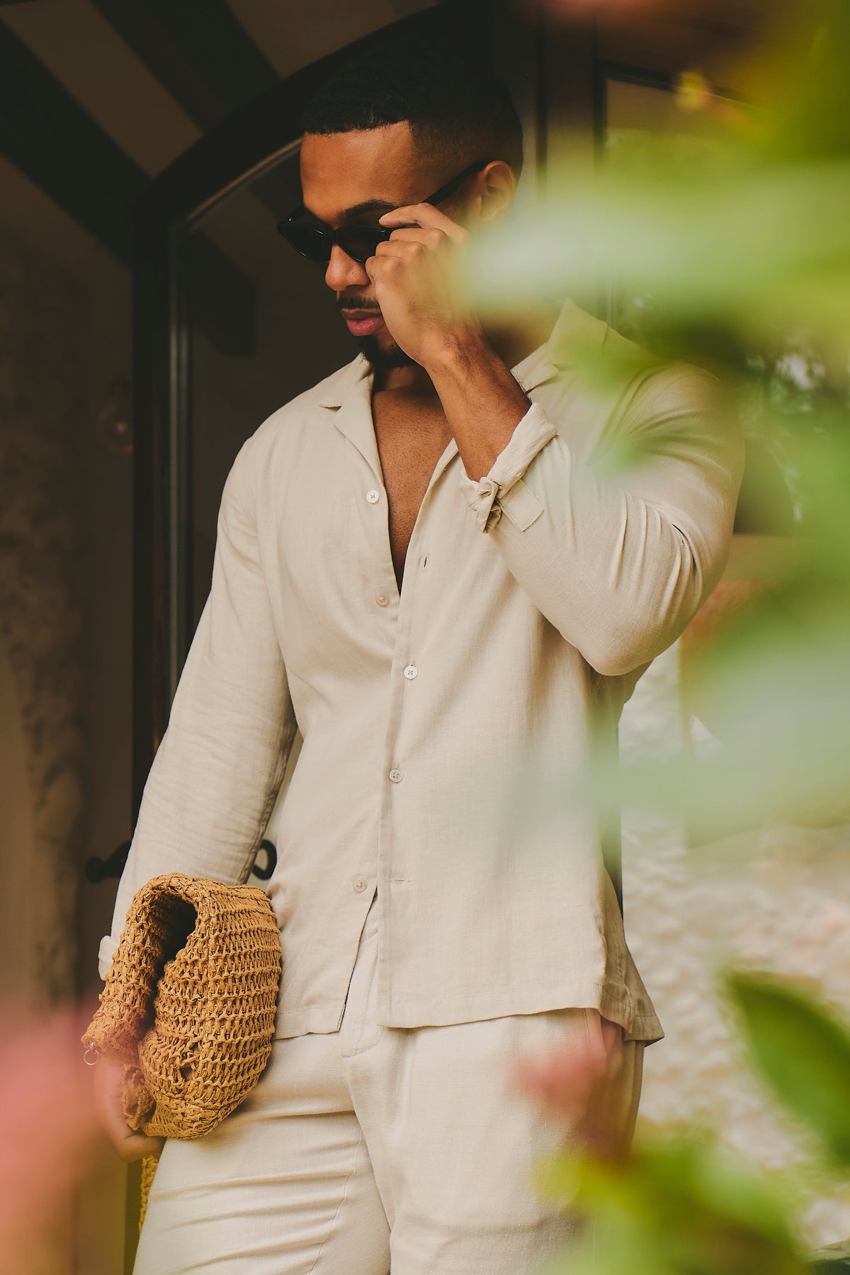 Stretch Linen Blend Cuban Collar Shirt in Stone