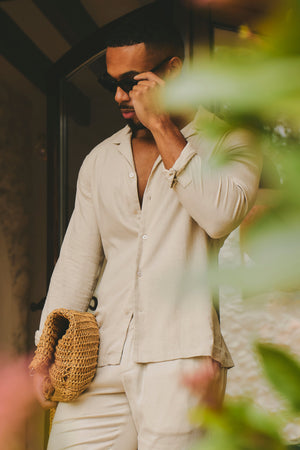 Stretch Linen Blend Cuban Collar Shirt in Stone