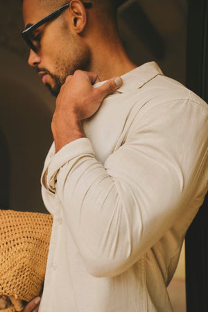 Stretch Linen Blend Cuban Collar Shirt in Stone