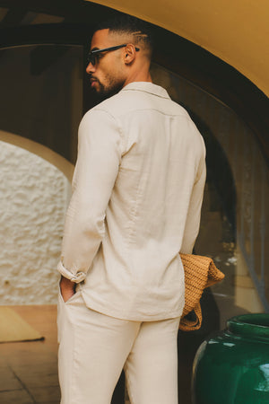Stretch Linen Blend Cuban Collar Shirt in Stone