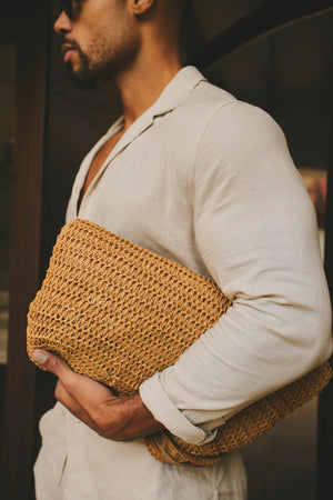 Stretch Linen Blend Cuban Collar Shirt in Stone