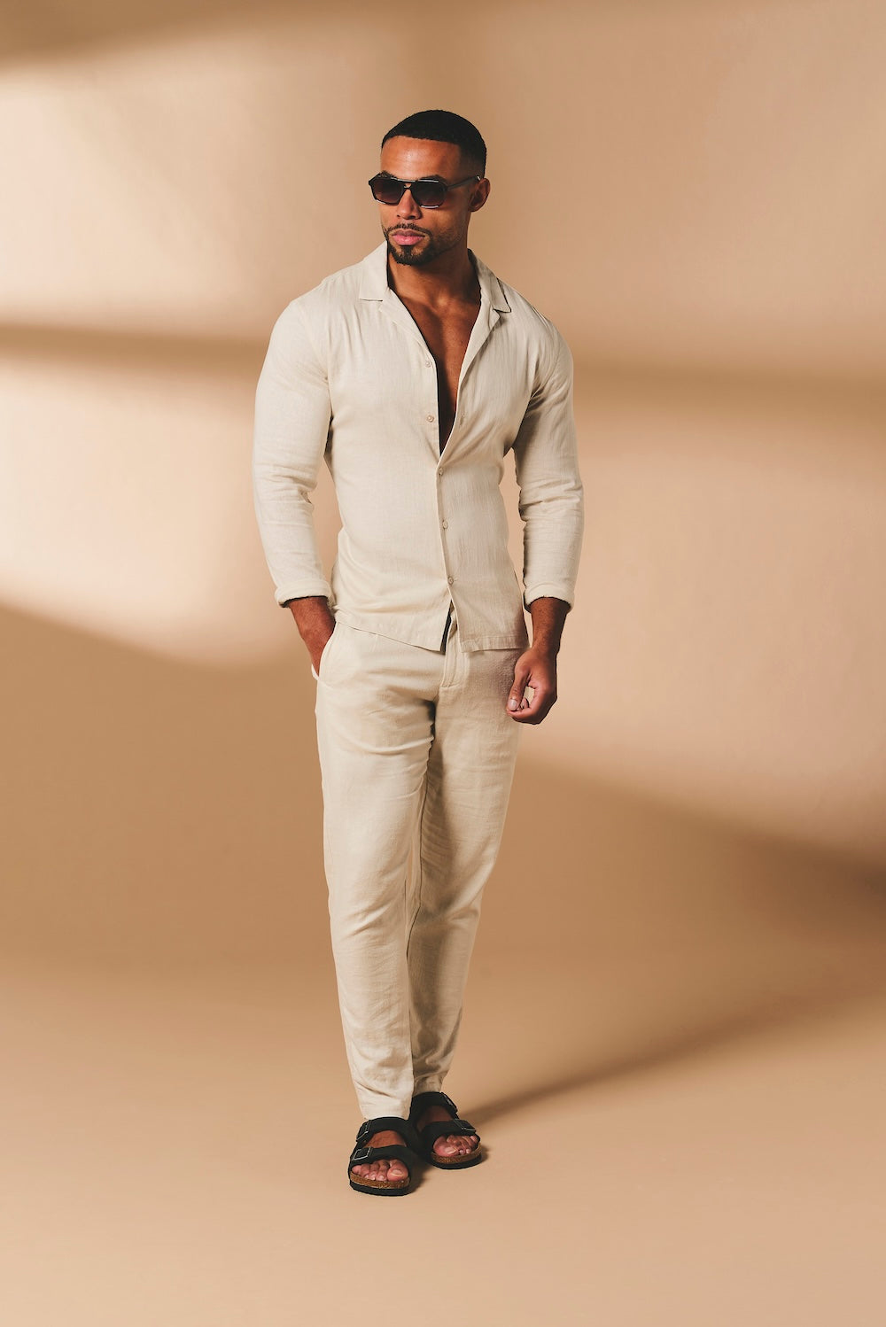 Stretch Linen Blend Cuban Collar Shirt in Stone