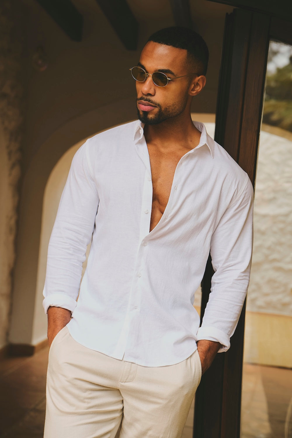 Stretch Linen Blend Button Through Shirt in White