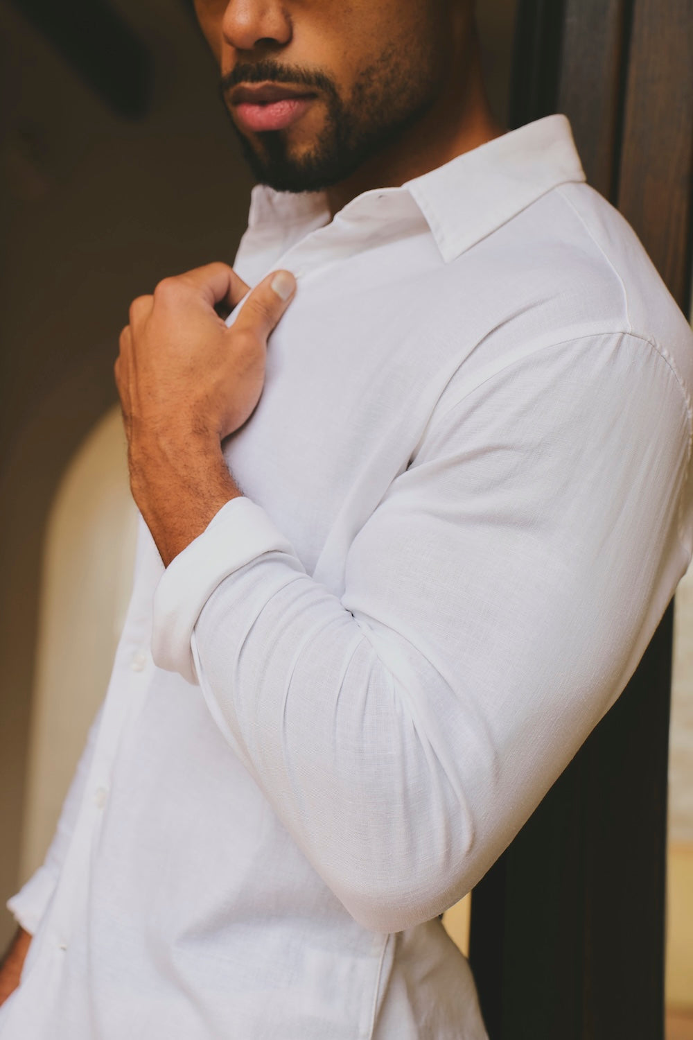 Stretch Linen Blend Button Through Shirt in White