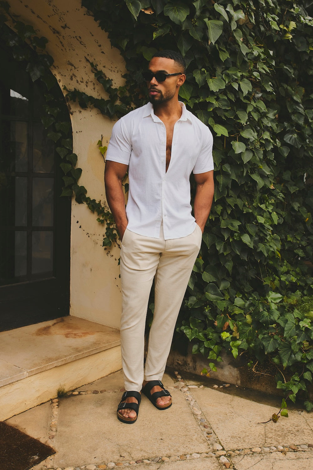 Stretch Linen Blend Button Through Shirt in White