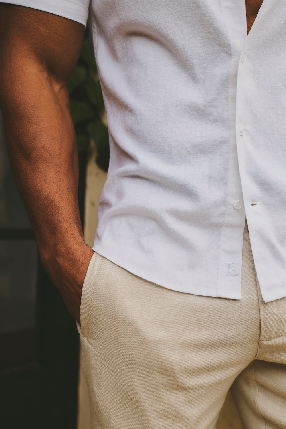 Stretch Linen Blend Button Through Shirt in White