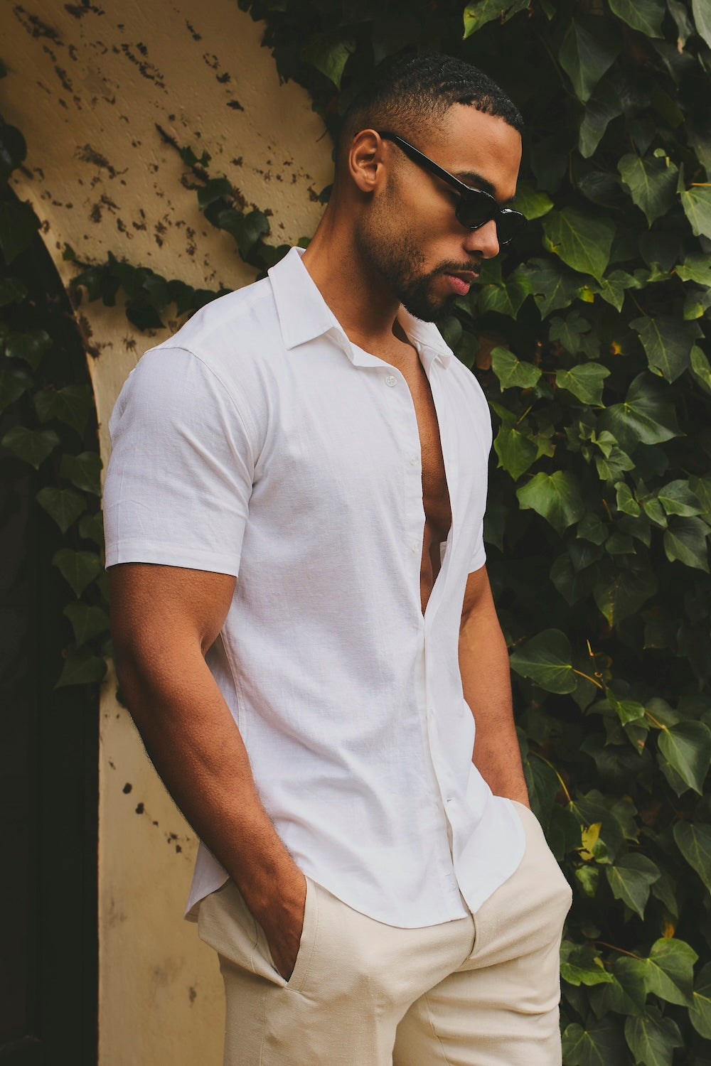 Stretch Linen Blend Button Through Shirt in White