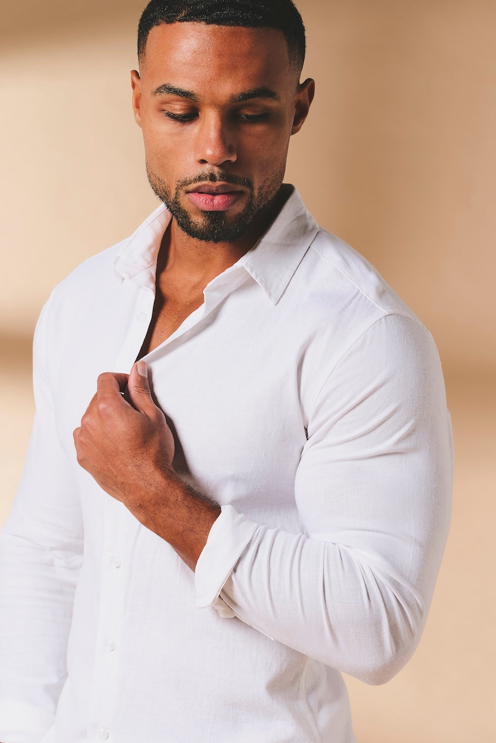 Stretch Linen Blend Button Through Shirt in White