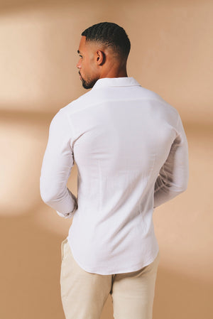 Stretch Linen Blend Button Through Shirt in White