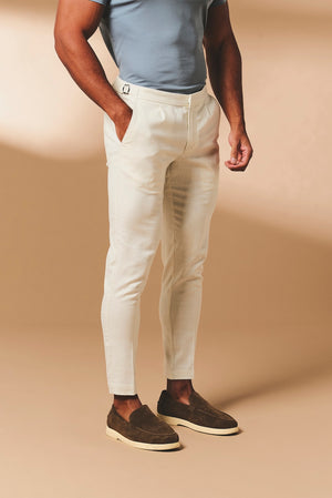 Stretch Linen Blend Cropped Pleated Trousers in Chalk