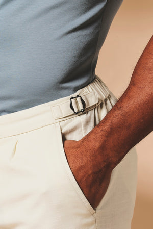 Stretch Linen Blend Cropped Pleated Trousers in Chalk