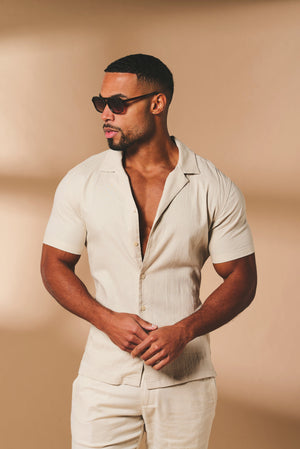 Stretch Linen Blend Cuban Collar Shirt in Stone