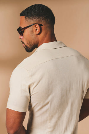 Stretch Linen Blend Cuban Collar Shirt in Stone