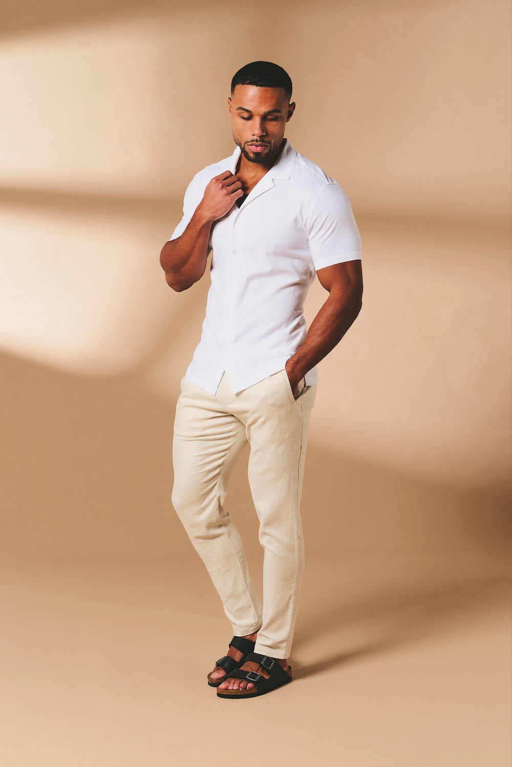 Stretch Linen Blend Cuban Collar Shirt in White