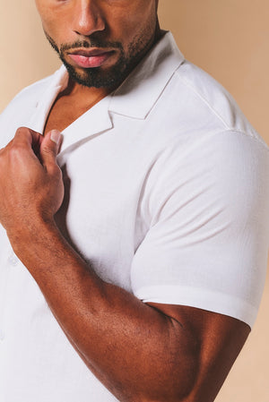 Stretch Linen Blend Cuban Collar Shirt in White