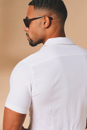 Stretch Linen Blend Cuban Collar Shirt in White