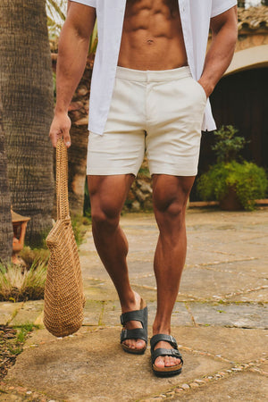 Stretch Linen Blend Side Adjuster Shorts in Chalk