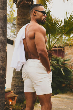 Stretch Linen Blend Pleat Side Adjuster Shorts in Chalk