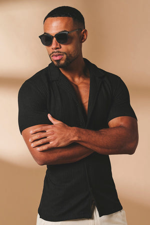 Stripe Patterned Cuban Collar Shirt in Black