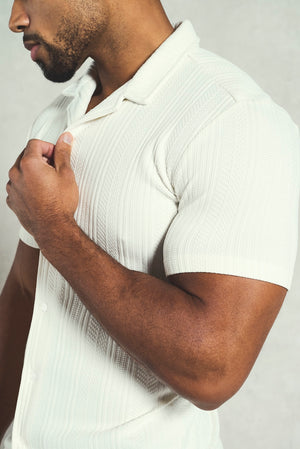 Stripe Patterned Cuban Collar Shirt in Ecru