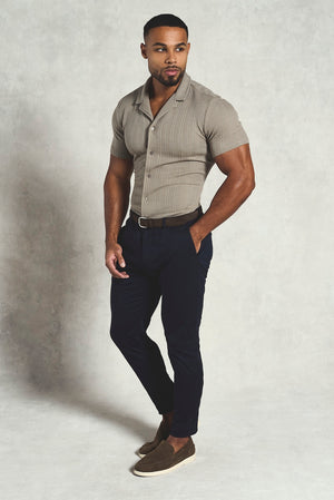 Stripe Patterned Cuban Collar Shirt in Dark Putty