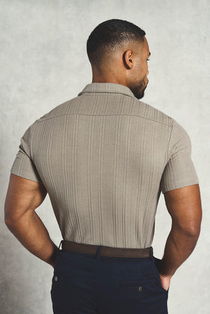 Stripe Patterned Cuban Collar Shirt in Dark Putty