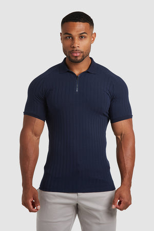 Ribbed Zip Neck Polo in Navy - TAILORED ATHLETE - ROW