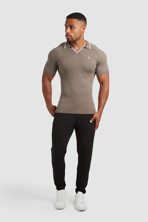 Tipped Open Collar Knitted Polo in Mole/White - TAILORED ATHLETE - ROW