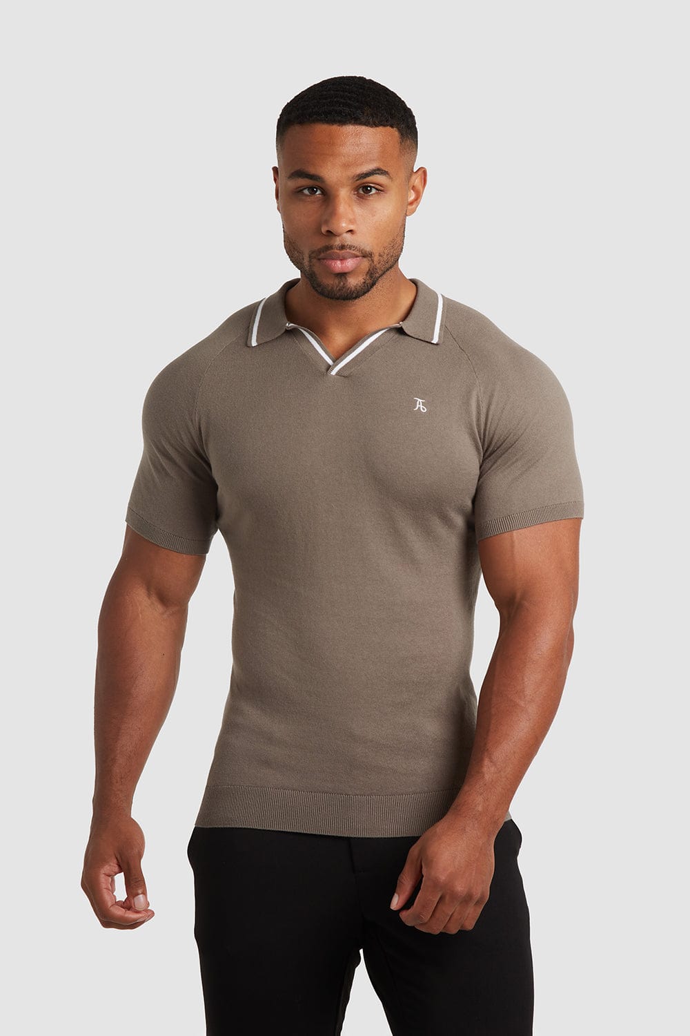 Tipped Open Collar Knitted Polo in Mole/White - TAILORED ATHLETE - ROW
