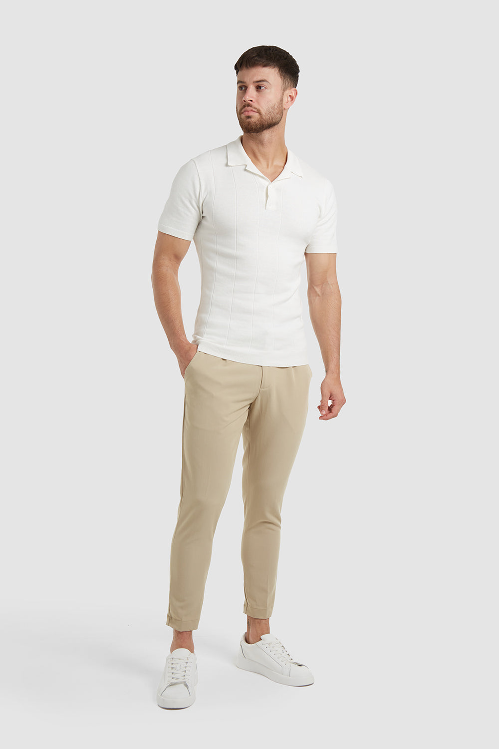 Ribbed Open Collar Knitted Polo in Chalk - TAILORED ATHLETE - ROW