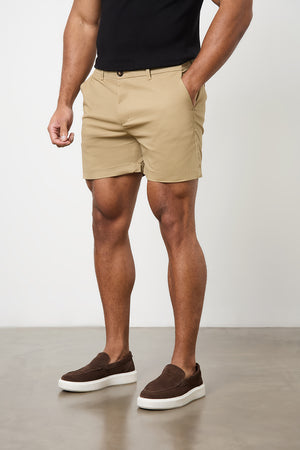 Muscle Fit Chino Shorts  - Shorter Length in Dark Sand - TAILORED ATHLETE - ROW