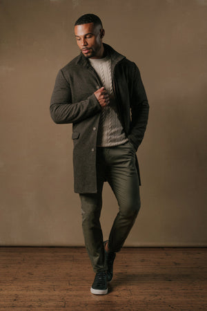 Herringbone Funnel Neck Overcoat in Mocha