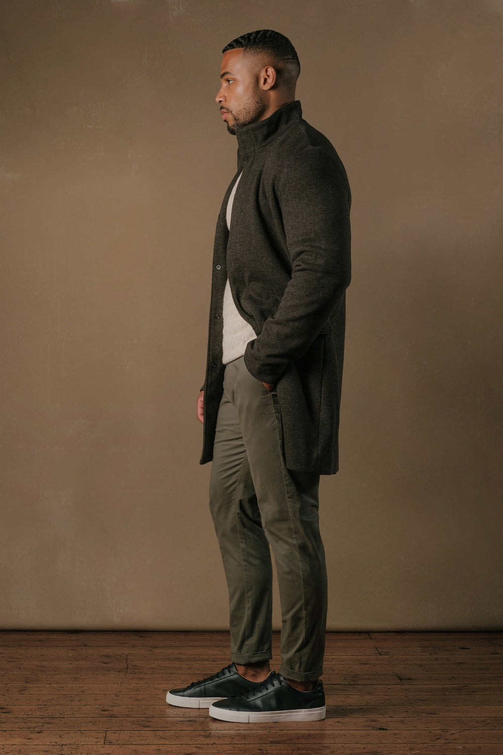 Herringbone Funnel Neck Overcoat in Mocha