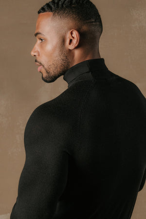 Extra Fine Merino Wool Roll Neck Jumper in Black