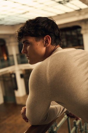 Pure Cotton Knitted Crew Neck Jumper in Neutral Marl